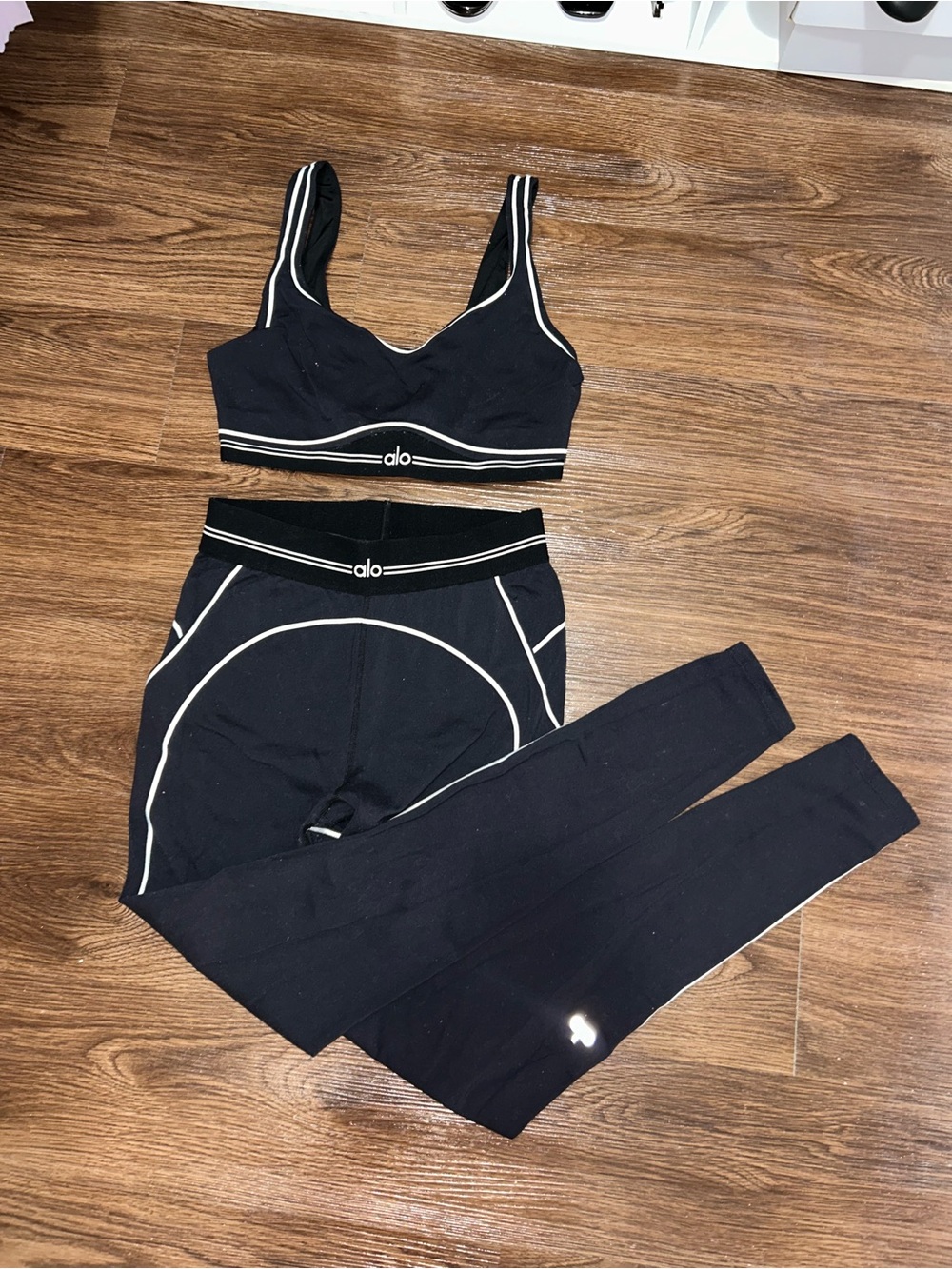 ALO Yoga Black Legging and Bralette Set with White Piping